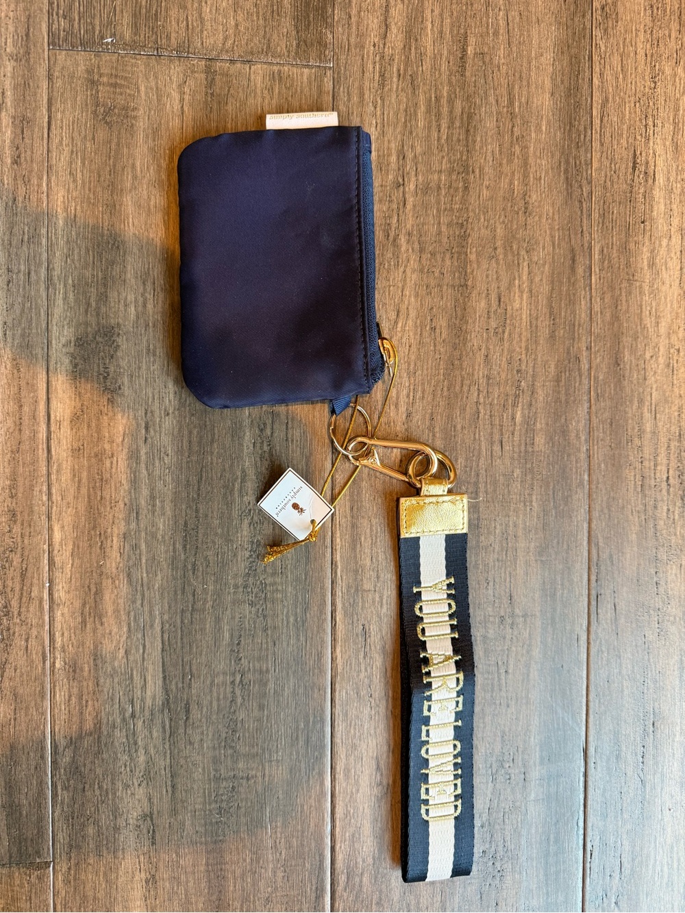 Simply Southern Navy Zip Pouch with Gold Hardware and Striped Wrist Strap